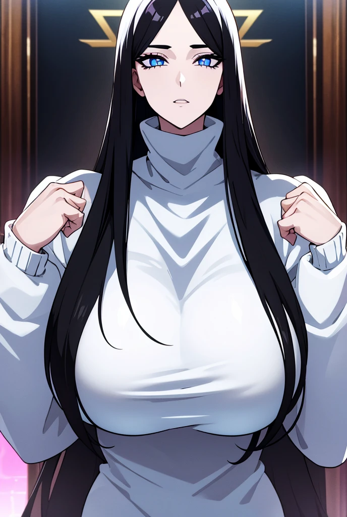 Pure white skin woman, big breasts, black hair. His eyes are yellow with blue slit pupils.. Her eyelids are black which gives the appearance of eye shadow.. huge breasts, guide Grandes. 

He is wearing a black long-necked sweater. 