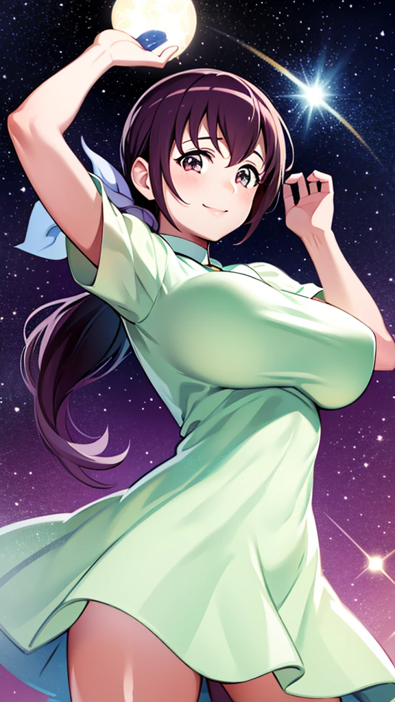 Starry Sky Nurture, Hair tied back, young face, smiling face, huge breasts, starry sky, arms raised, looking up at the sky, happy, fun, sexual