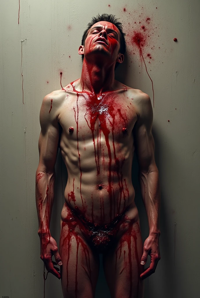 Realistic, A very beautiful dc Elektra knife, cut throat A boy blindfold neck bloody splash, full body, wide open throat, throat contents