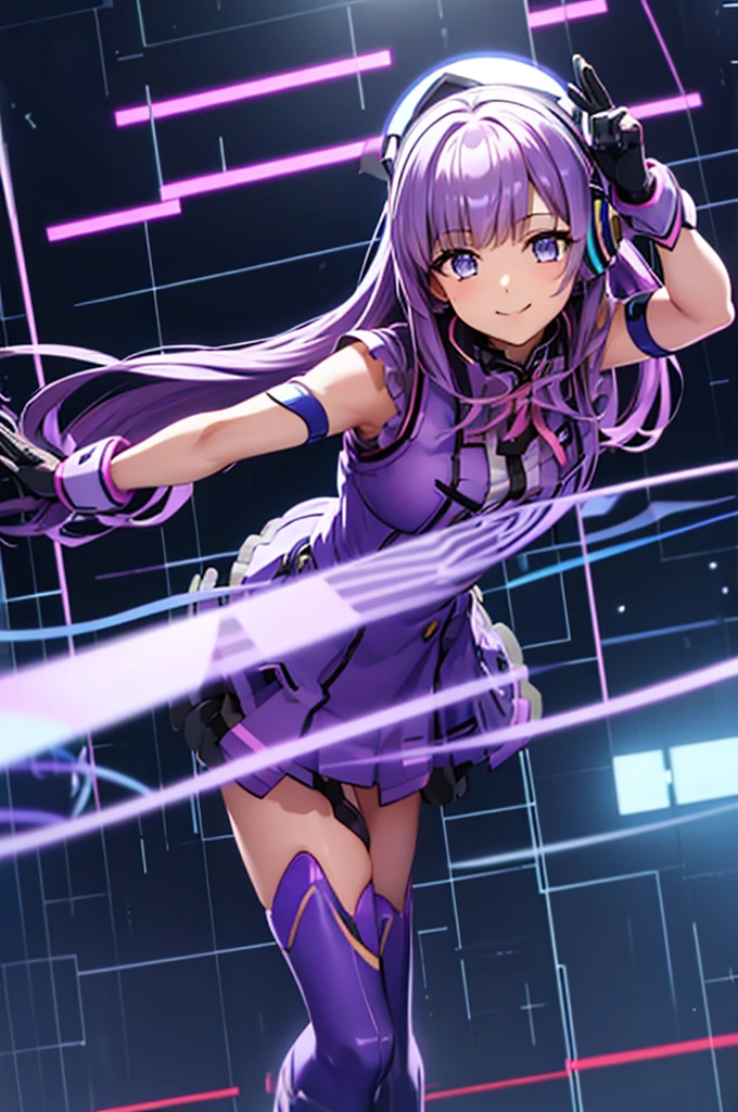 Mecha wings、ribbon、Thighs、tights、chest、Light purple hair、1 girl、Solo Girl、is、Frame Arms Girl、Alice Gear Aegis、income、headphone、smile、idol woman、idol dress