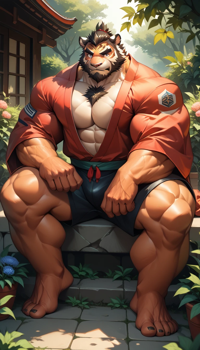 bara tiger, fur, strong physique, perfect anatomy, masterpiece, black beard, squad:1.2, big eyes, solo, great lighting, shorts, japanese, red kimono, katana in shoulder, background garden, sitting in terrace, tarditional house