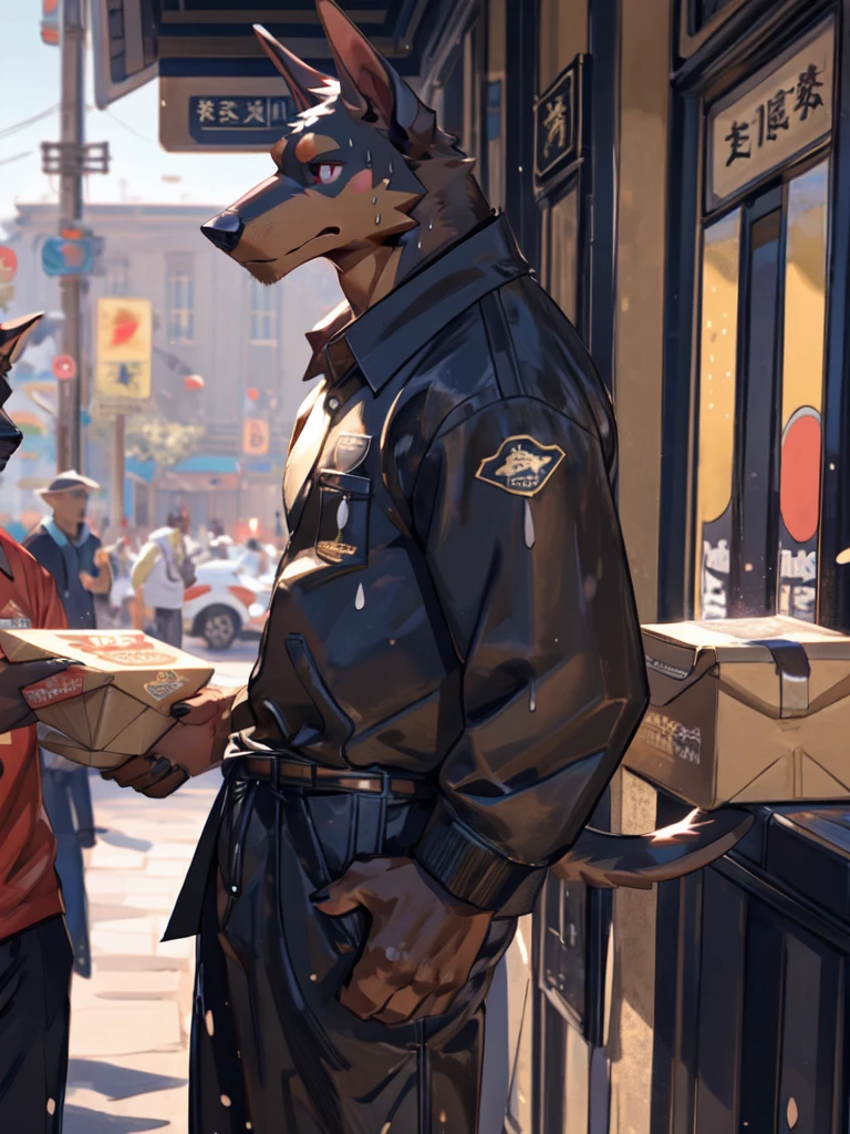 deobaed anatomy, Humanity,((Black-brown doberman pinscher| Black-brown | pink eyes)),doberman pinscher,(the clothes became transparent due to being soaked with sweat),(Sweat),Delivery boy,(close-up),((cowboy shot)),(motion blur),first-person view,parted lips,tired,(Leaning on an electric car),Perfect pink eyes,(glaring),(Holding a takeaway bag),middle age,male,Fresh streets,Kanno,Muscular plump,(athletic),(Yellow的Meituan takeaway clothes),(( Meituan takeaway clothes)),bulge,(super detailed),sharp focus,light smile,tailed eyes,Doberman tail ,best qua,lity,by bebebebebe, by zackary911