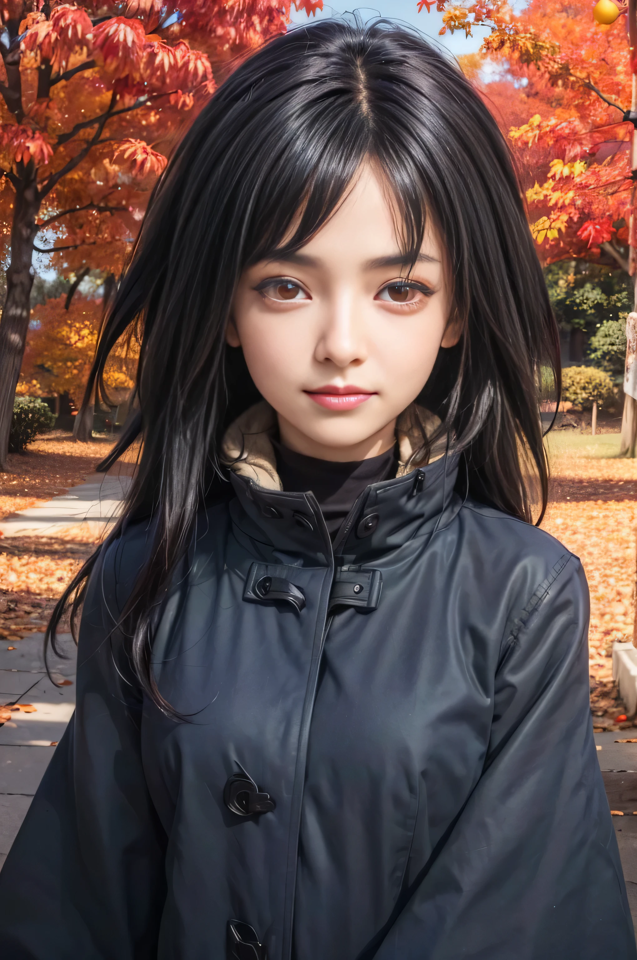 masterpiece, best quality, (realistic,photo-realistic:1.4), (RAW photo:1.2), extremely detailed CG unity 8k wallpaper, delicate and beautiful, amazing,finely detail, official art, absurdres, incredibly absurdres, huge filesize, ultra-detailed,extremely detailed eyes and face,light on face,(little smile),(black hair:1.4),hikari,(wearing coat:1.5),(long hair:1.4),nature,(autumn background:1.4),small breast,(red eyes:1.7)