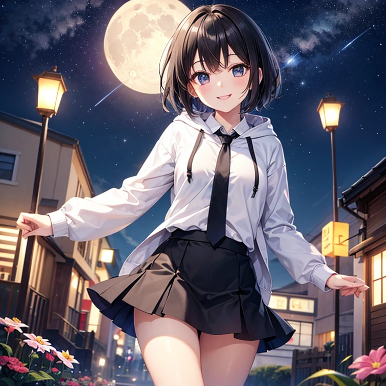 best quality, ultra high res, in night pool,from below,low angle shot,moonlight,1girl,High school students,,Medium bob,slender,large breasts,natural makeup,seductive smile,looking down,school sailor uniform,showing off panties