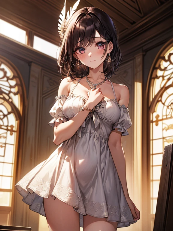masterpiece, ultra high quality CG, best quality, perfect picture, solo, Duvalie (brown hair with braided buns, green eyes, bustier, cute, small breasts), ((wearing a very sexy lace white lingerie, seethrough, white pantyhouse)), blushing, shy, inside a castle bedrrom, window, lakeside medieval city, wearing the lingerie from the reference photo