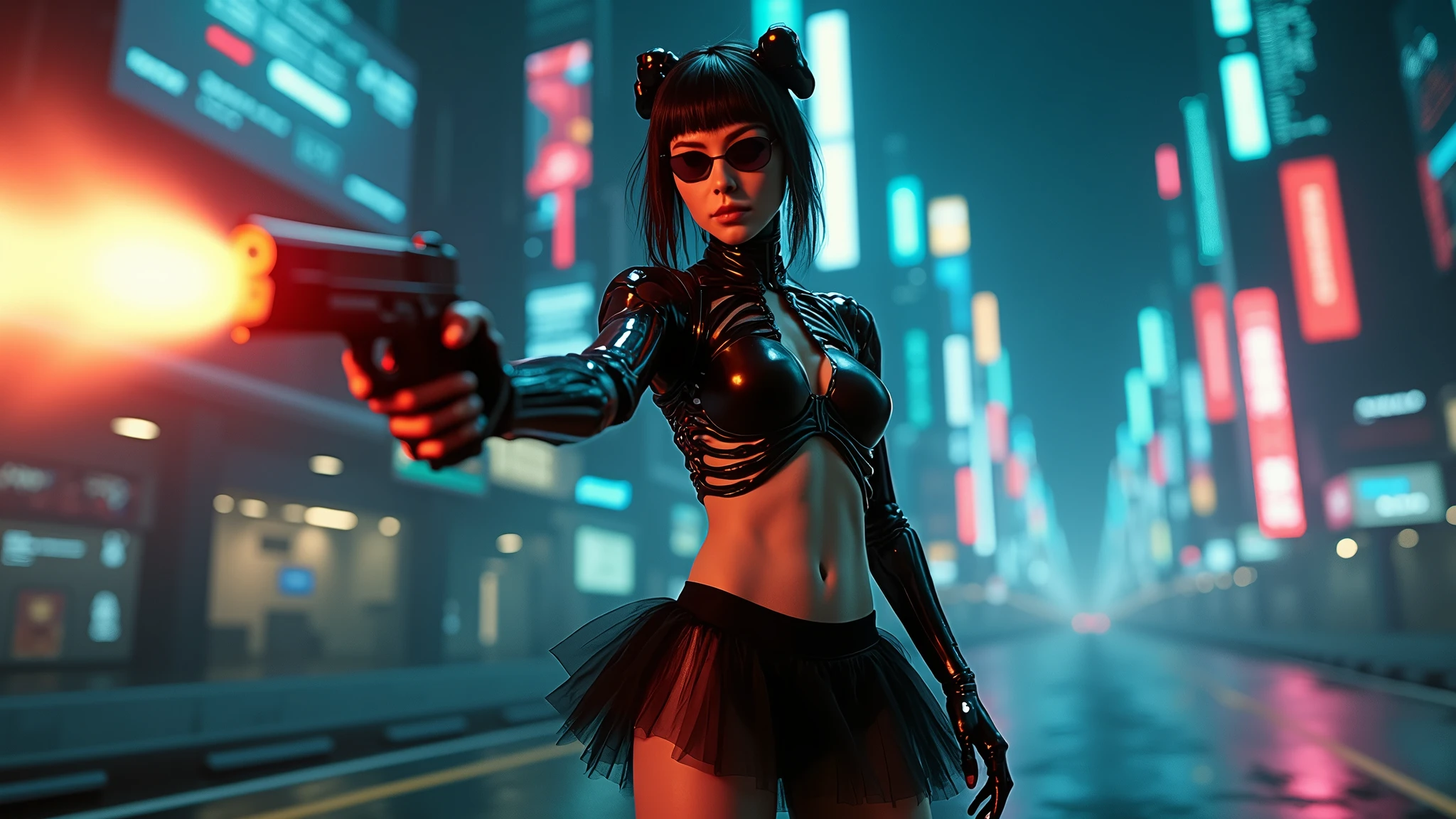 cyberpunk-style city with a nocturnal vibe with Blade Runner-like aesthetic references. At night, (1girl, solo, alone), medium-breast slim:0.6 body, oval:0.5 face, cleavage:1.1, sexy black laced bra, miniskirt, white laced panty, coat, (black micro sunglasses), (holding a short gun), (slightly leaning forward running pose), ((half-body thigh level medium shot)), cinematic lighting, ray tracing, motion blur background.