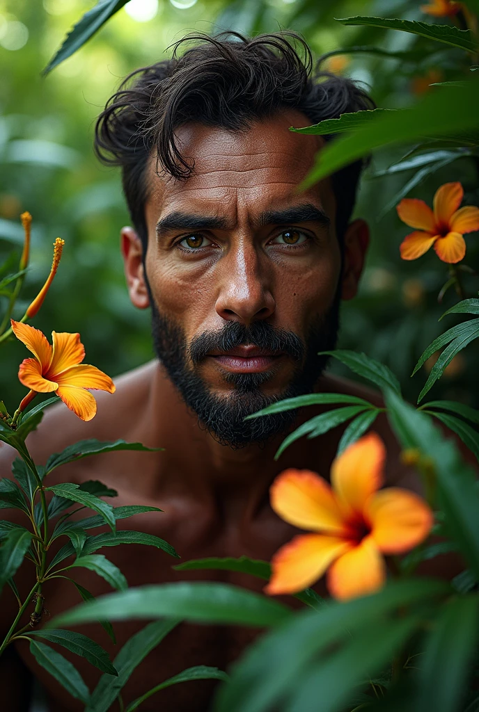 A dark-haired, blue-eyed Brazilian man in a lush tropical garden, hairless , with a close-up capturing the beauty of his penis and the natural flowers, showing off your natural charm and outgoing personality.