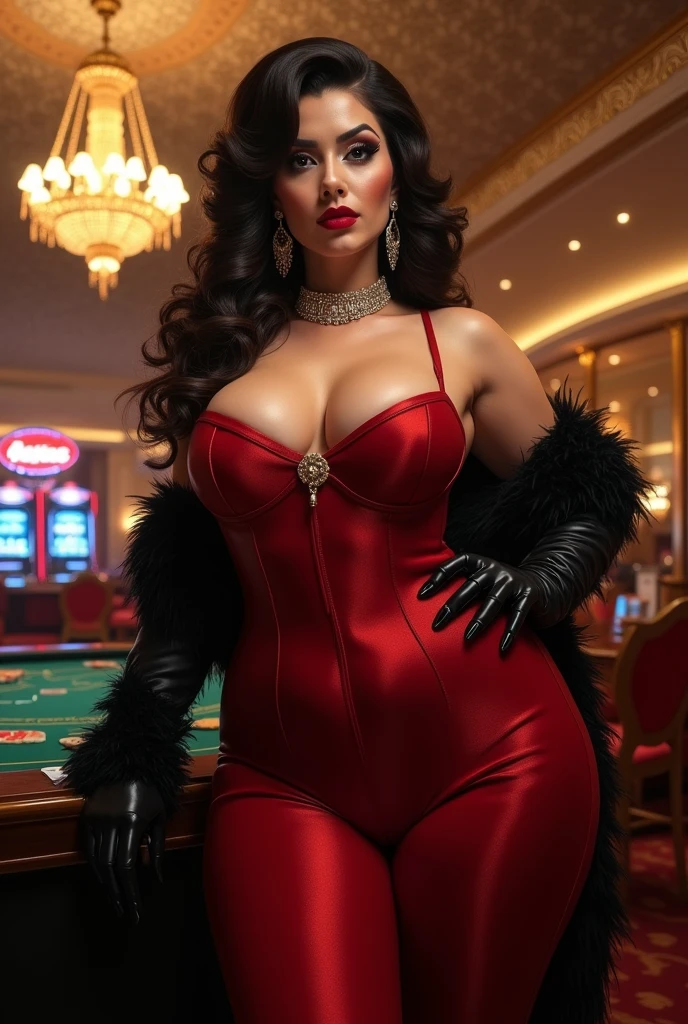 Angry face, brava, dominant, raised eyebrow, serious, BDSM, mafia, latex, modern, wearing gold clothes, pants, tight dress, corset, long neckline, red lipgloss stick, corset, milf, mommy, bondage, tsunade face, piercing look, seductiv ((best qualityer, 8K, Masterpiece artwork: 1.3)), sharp focus: 1.2 、 (layer cutting, big fit ass: 1.2), perfectbody, perfect toes, wide hip, pretty woman with perfect figure: 1.4 、 Slender Abs: 1.2、55 year old woman, Sculpted body: 1.5、Highly detailed texture of face and skin、beefy, Sarada, broadshouldered, mature face, seios muito big fit ass, tsunade chest, big , Detailed amber eyes、double eyelid, long black hair up to the waist, loose and full hair, wavy hair at the ends. darkness background, golden filter. Lady in red sitting on a table in a busy casino looking for money, disco ballad. In the luxurious golden elevator, studio illumination. Vibrant platinum hair, thick gothic woman
