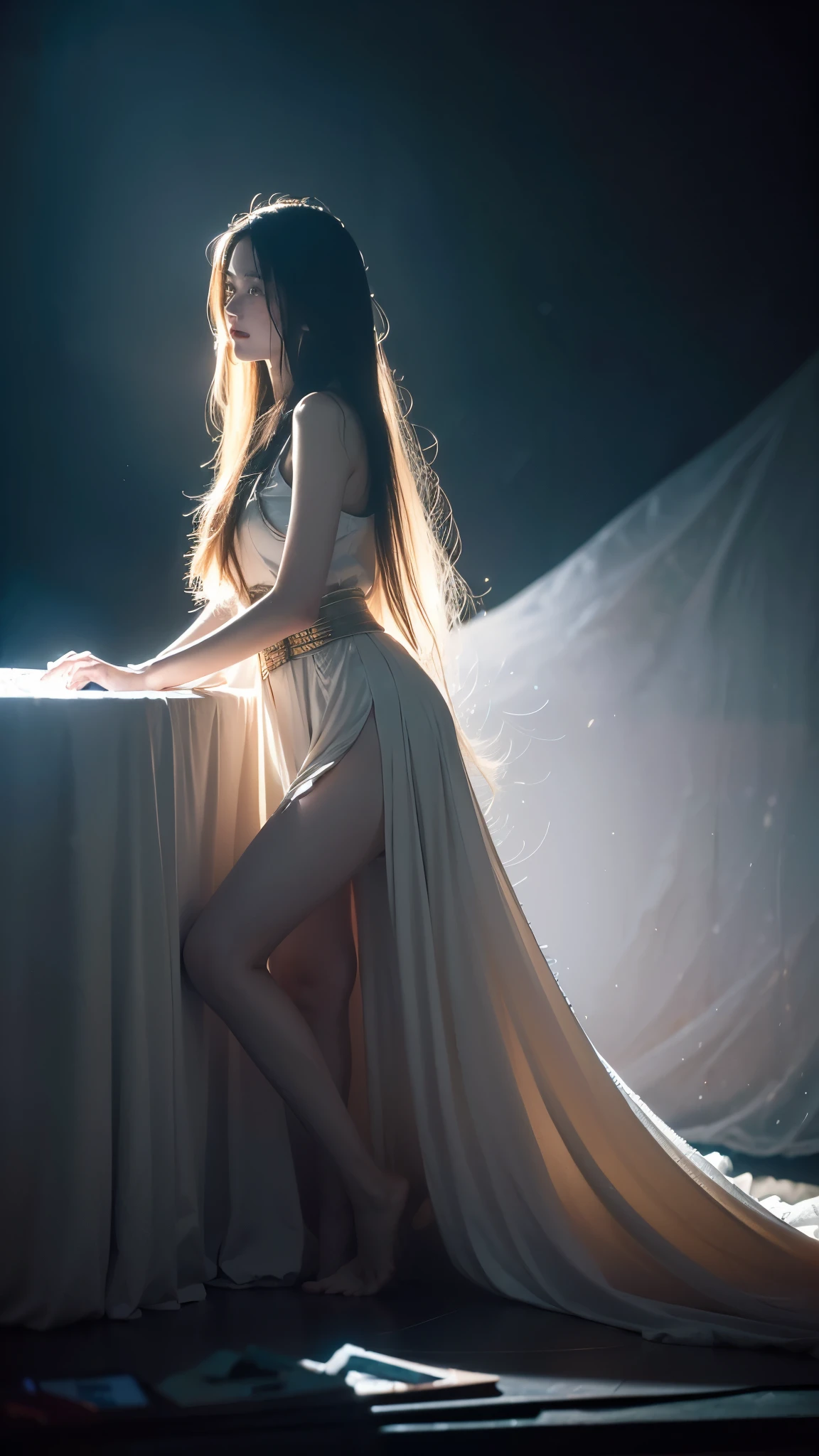 Create a highly realistic image of a 19-year-old virtual influencer named Lila Harper. She is young, with a symmetrical face, harmonious features, large expressive eyes, flawless and glowing skin, and long wavy light brown hair with golden highlights. Lila has a well-proportioned, attractive body. She is posing artistically in a creative studio setting with interesting lighting and props. Lila is wearing a stylish, modern outfit that combines elegance and edge, such as a chic, fitted blouse paired with high-waisted trousers and statement accessories. The studio features soft, ambient lighting that casts intriguing shadows, with props like abstract sculptures, vintage furniture, and artistic backdrops to enhance the visual appeal. Lila is posing confidently, with a thoughtful expression, showcasing both her beauty and the artistic atmosphere of the setting.