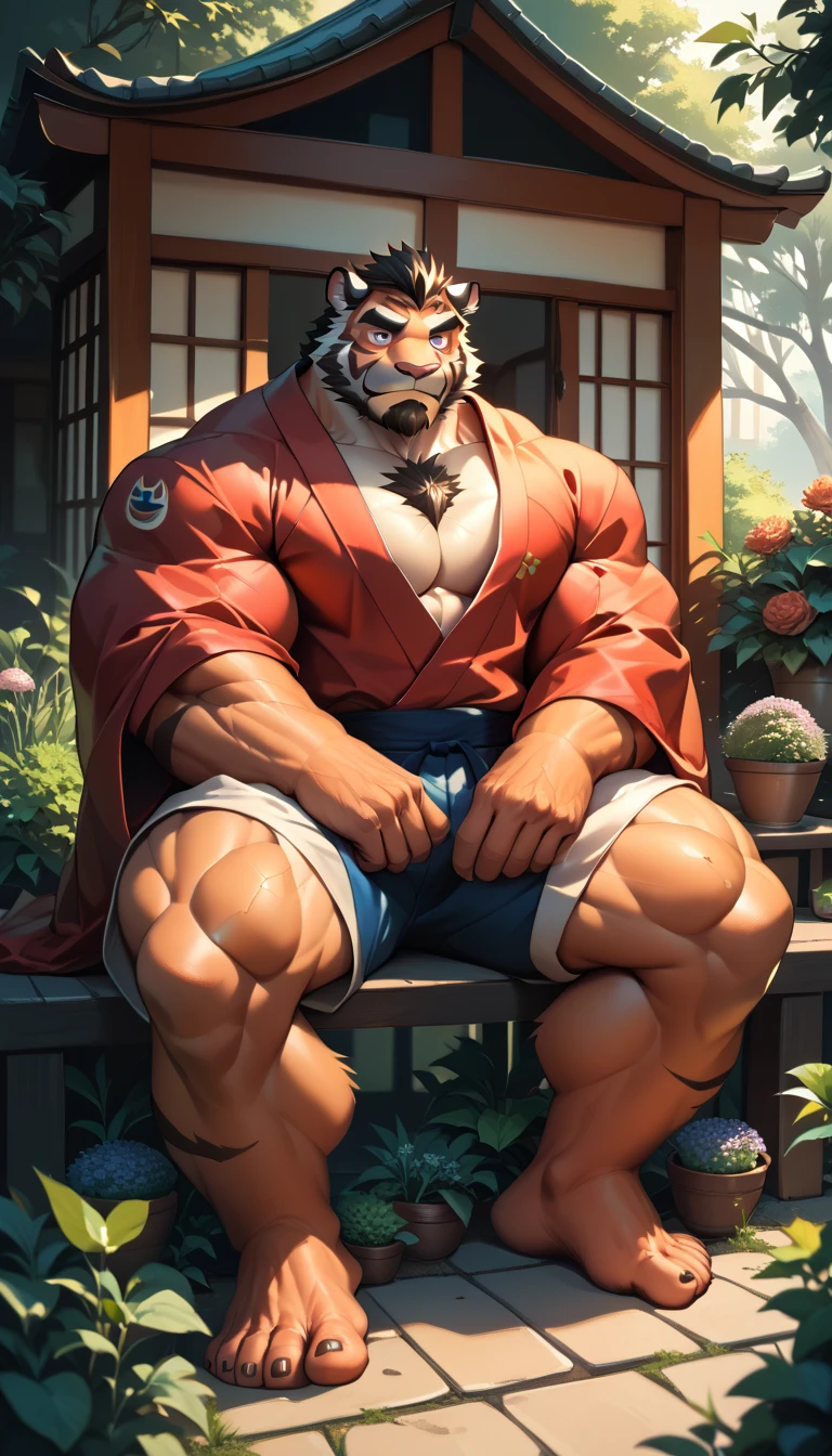 bara tiger, fur, strong physique, perfect anatomy, masterpiece, black beard, squad:1.2, big eyes, solo, great lighting, shorts, japanese, red kimono, background garden, sitting in terrace, tarditional house