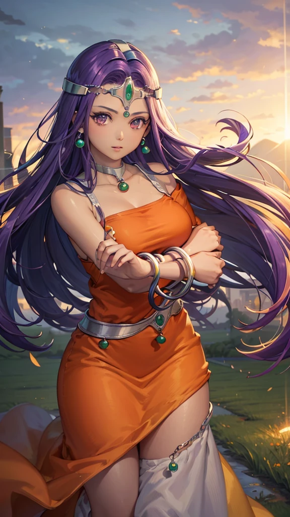 (((tall body,long legs,20 years old))),(large breasts),((((((abs)))))),(((((muscular girl,biceps))))),parted lips,((((dress,long dress)))),((looking ahead,illusion effect)),[light smile],((((cowboy shot))),(((perfect finger))),(((dark purple hair))),(((dqMinea, circlet, earrings, choker, bracelet, orange dress))),((crystal ball,fortune teller)),1girl, solo,(((((sharp eyes))))),(((best quality,masterpiece,highres,high quality,8k,higher,extremely detailed CG unity 8k wallpaper))),(((outdoor,field))),night