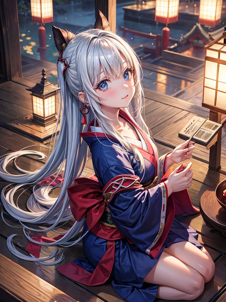 ((worst quality, low-quality)), ((Rabbit eared girl)), Solo, Big breasts, ((Long silver hair)), plump shiny lips, Beautiful clear eyes, (blue eyess, kirakira), Spoken Heart, ((Japanese shrine maiden, Intricate and majestic beautiful patterns)), embarrassed, Looking back, (Moon), (rays of moonlight:1.4), Autumn foliage picking, leaves falling, (( Background of autumn leaves)), high-angle shot, masutepiece,Best Quality,ultra-detailliert, masterpiece,