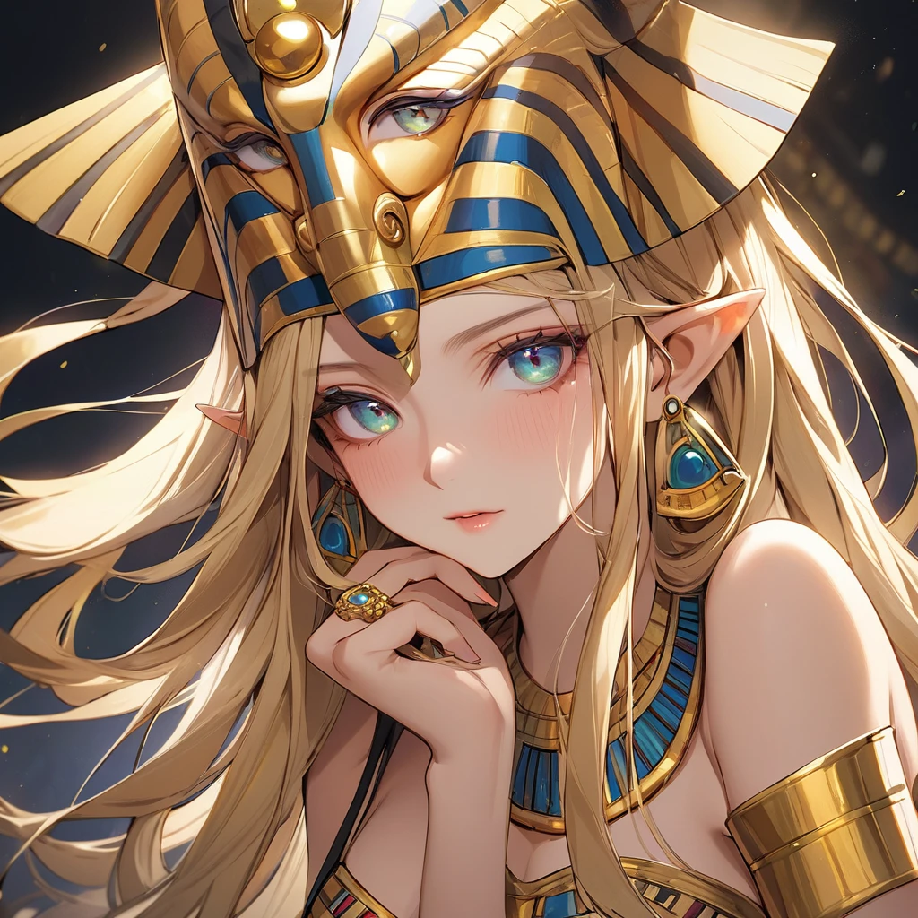 ((Best Quality)), ((masterpiece)), (detailed), （Perfect Face）、The high elf woman wearing a golden Tutankhamun mask is Seras Ashrain, a blonde high elf with medium-long hair who is wearing an Egyptian Tutankhamun costume, a golden Tutankhamun mask, gorgeous jewelry accessories and an engagement ring. Her face is painted gold to resemble Tutankhamun&#39;s face.