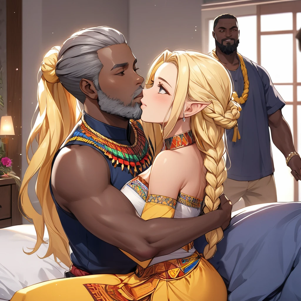 ((Highest quality)), ((masterpiece)), (detailed), （Perfect Face）、The naked man is so passionate about the woman that he pushes her down, hugs her, and they have sex, and the woman happily accepts him, taking his dick and a huge load of semen into her pussy.、The woman is a Hindu Indian named Tsukino Usagi with vivid brown skin and a red bindi on her forehead. She is wearing a gorgeous and glittering traditional Indian wedding dress, a colorful sari, a colorful hijab, a bindi, a gorgeous hair ornament, gorgeous jeweled accessories, and an engagement ring, in a luxurious Indian mansion. The woman and the man are having sex on a luxurious and large bed in a luxurious room, and the woman is having sex with a middle-aged Indian man with a muscular beard wearing Indian traditional clothing.、The woman is the elegant Tsukino Usagi, with long blonde hair in a chignon twin tail, wearing a colorful sari and a colorful hijab, with bright brown skin and a red bindi on her forehead. She is an Indian Hindu Tsukino Usagi.、（The woman is a brown-skinned Indian named Tsukino Usagi.）、The man is a dignified, muscular, bearded, middle-aged Hindu Indian man wearing traditional Indian clothing.