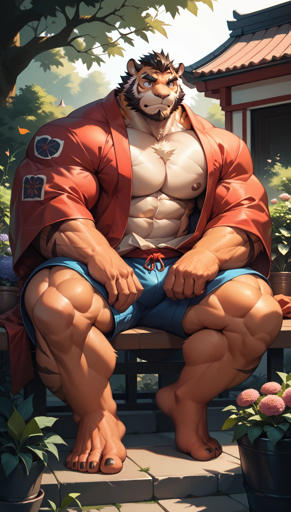 bara tiger, fur, strong physique, perfect anatomy, masterpiece, black beard, squad:1.2, big eyes, solo, great lighting, shorts, japanese, red kimono, background garden, sitting in terrace, tarditional house