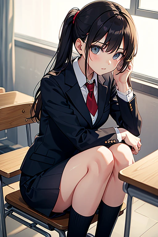 This photo is anime-style，There is only one girl in the subject，The background is in the classroom，She wears a student uniform，He wore black knee-length socks on his legs，Both legs are thin。This girl is very young，loli face，it's lovely。She sat in a chair in the classroom，Facing the camera，Spread your legs to reveal your panties，No skirts。