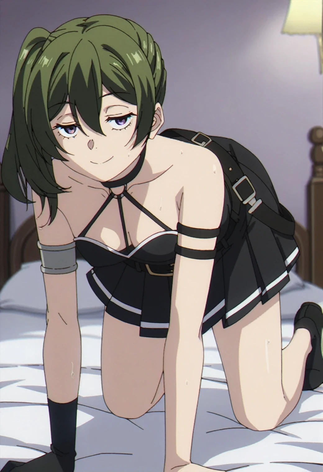 1girl, ubel, solo, green hair, side ponytail, purple eyes, half-closed eyes, small breasts, BREAK
 , halterneck, black choker, armlet, arm strap, bare shoulders, black gloves, single glove, black dress, sleeveless dress, pleated dress, black belt, calflet, thigh strap, black footwear, , , BREAK
closed mouth, smile, wet hair, leaning forward, sweat, looking at viewer, , cleavage, , (crawl on all fours:1.4), BREAK
bed room, on bed, BREAK
score_9, score_8_up, score_7_up, score_6_up, score_5_up, anime, (high quality, detailed, beautiful), shiny, detailed beautiful eyes, outstanding, countershading, detailed soft lighting