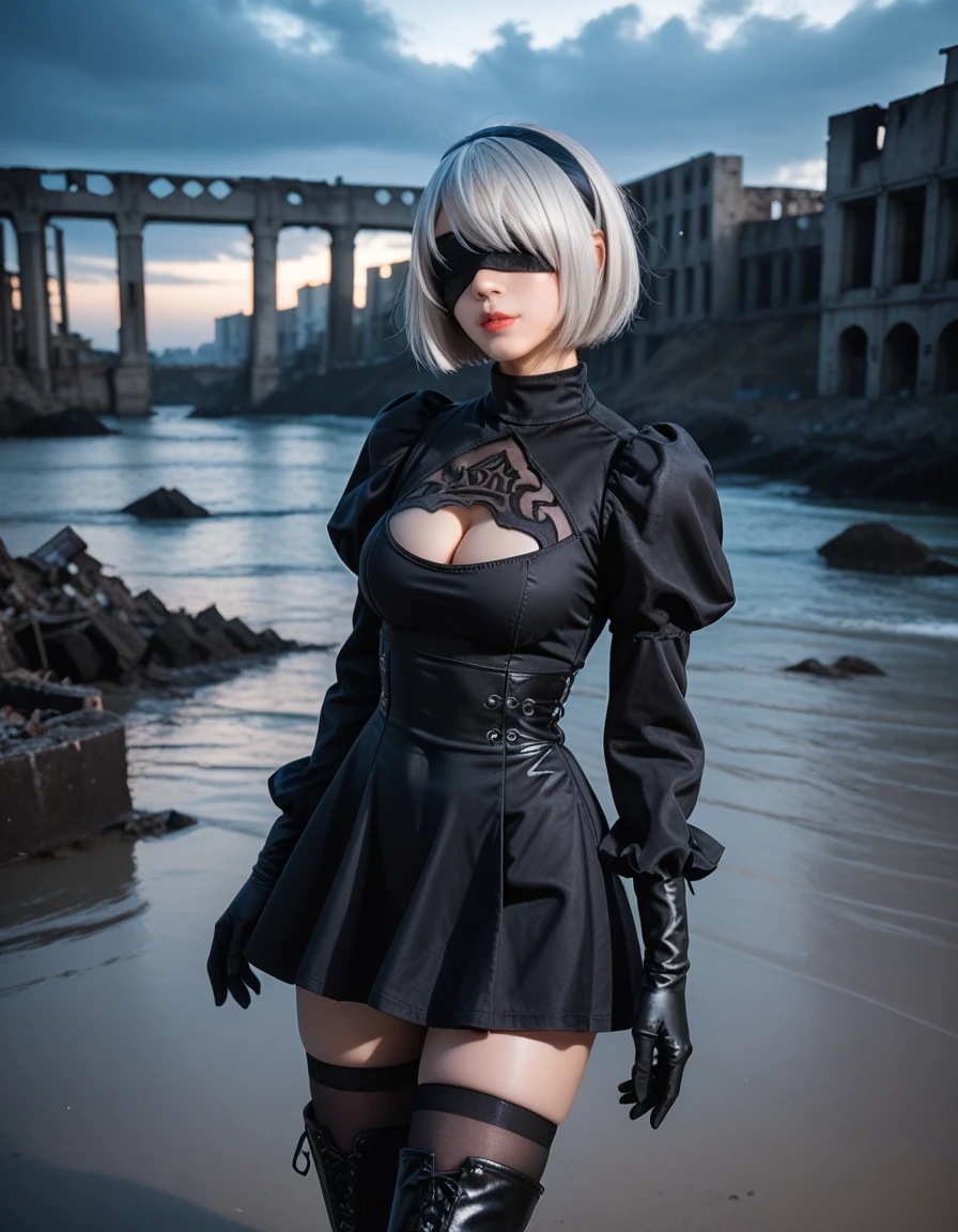 score_9, score_8_up, score_7_up, 32k,masterpiece, highest quality, 
photo realistic, super detail, vibrant colors, chiaroscuro lighting, cinematic lighting,
1 woman inspired nier automata 2B,
bob cut, silver hair, mole under mouth, black hairband, black blindfold, covered eyes,
black dress, long sleeves,  Juliet sleeves, cleavage cutout, black gloves, puffy sleeves, black thigh-high under boots,
ruins by the sea, destroyed industrial complex, dark cloudy sky,
seductive pose, dramatic angle,