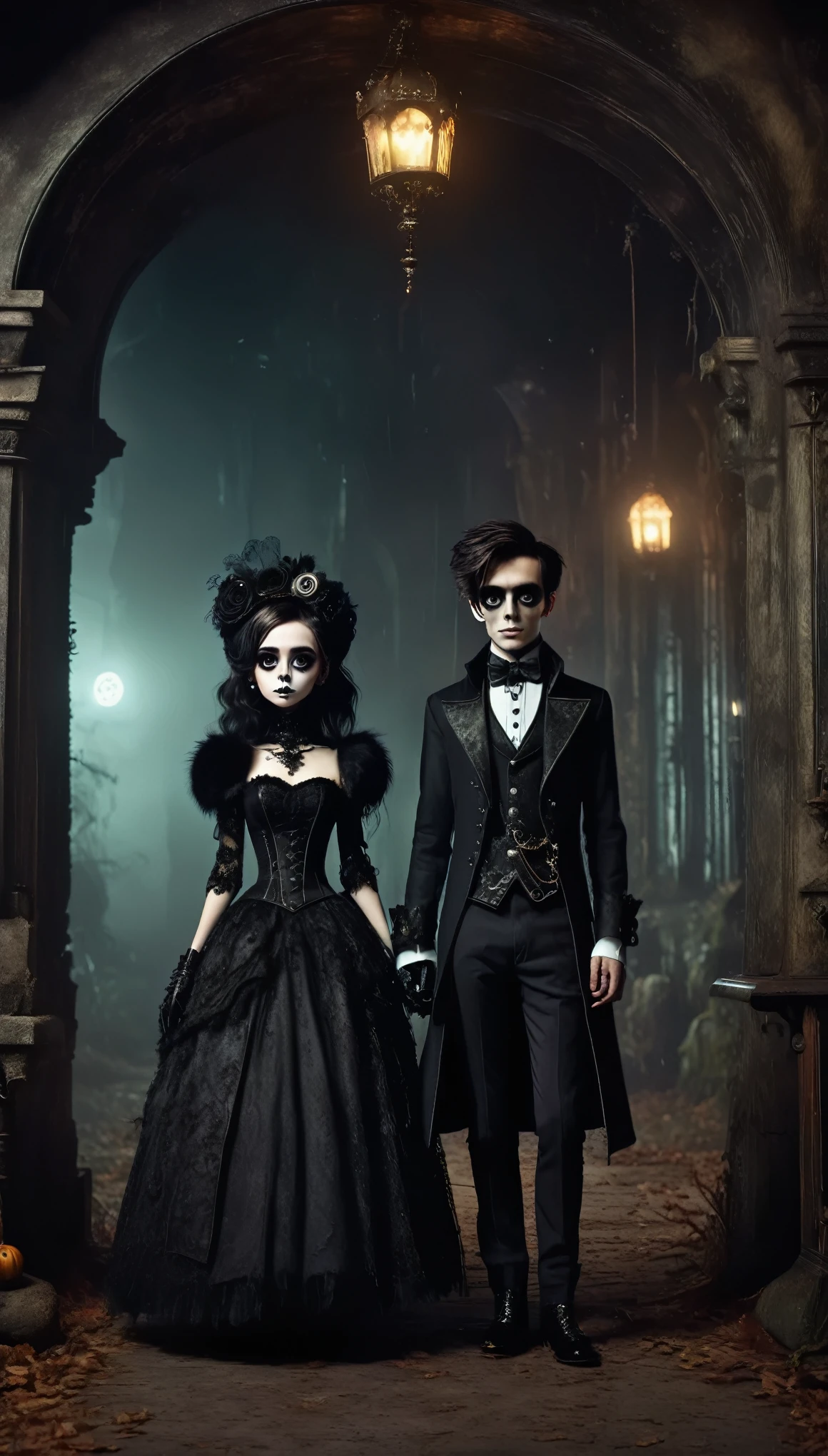 (a straight anime couple: 1.5, Dark style, big eyes, Small pieces, spongy black fur), (dark gothic, Victorian Gothic Steampunk Style), Dark, Dark environment with skull decorations 32k, Fairy tale: 1.4, camera cut: 1.4, ((Dreamy atmosphere, soft light and magic:1.3)), ((Imaginative scene)),((Perfect, meticulously detailed.:1.3)), ((full shot: 1.4)), ((best quality)) , ((masterpiece)), 3D, (hyper detailed: 1.3), ((epic landscape: 1.3)), ((night background: 1.3 ))), (((the night:1.2))), (photorealistic: 1,4), ((Front camera)),( (Low light night cinema lighting: 1,2)). 32k.