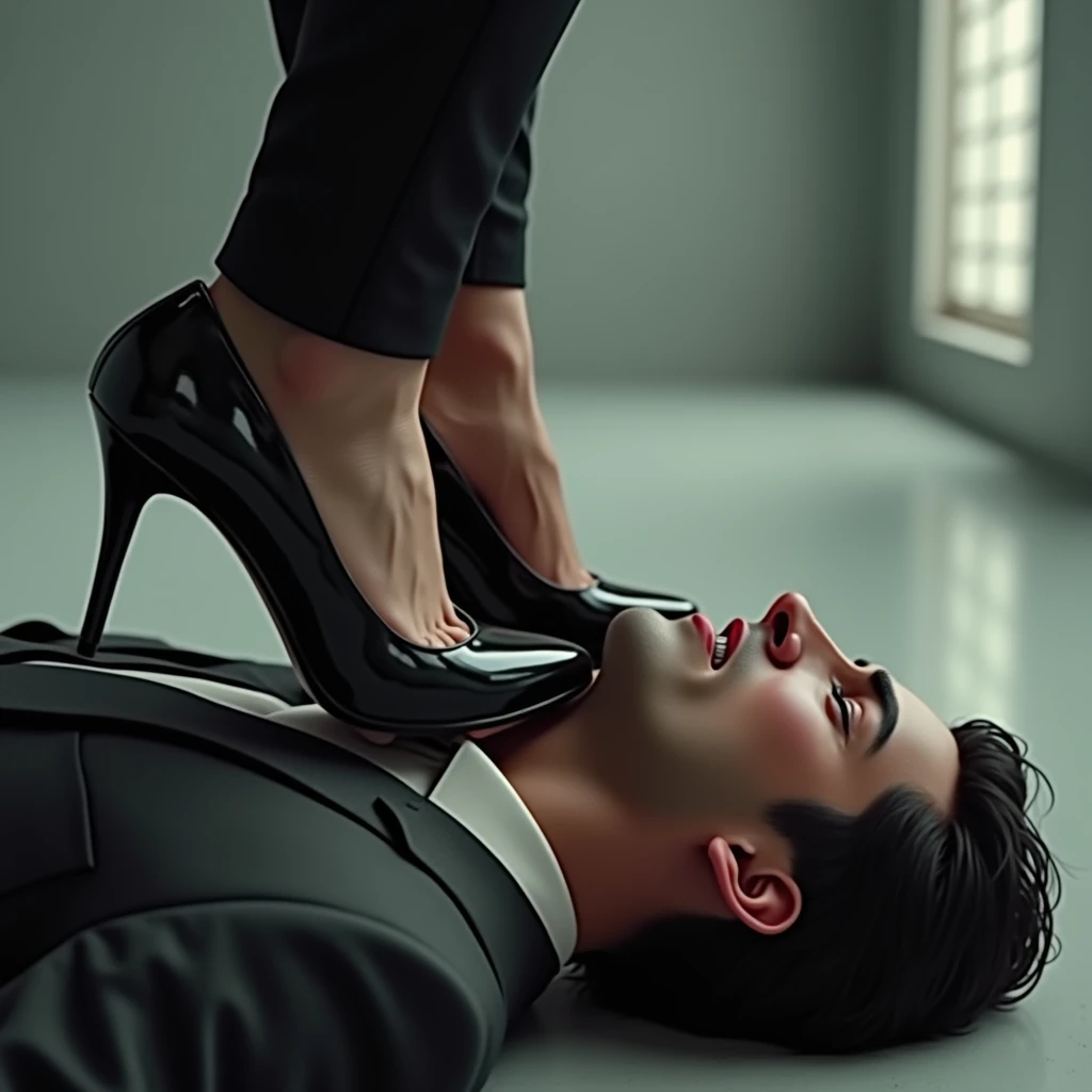 Beautiful Mistress,brown bun hairs, wearing purple boot-cut pants, wearing purple blouse ,wearing black sandals, handsome man, man wearing suit, mistress shouting on man, mistress fighting with man, mistress beats man, mistress trampling man's mouth, mistress puts her shoe on man's mouth
