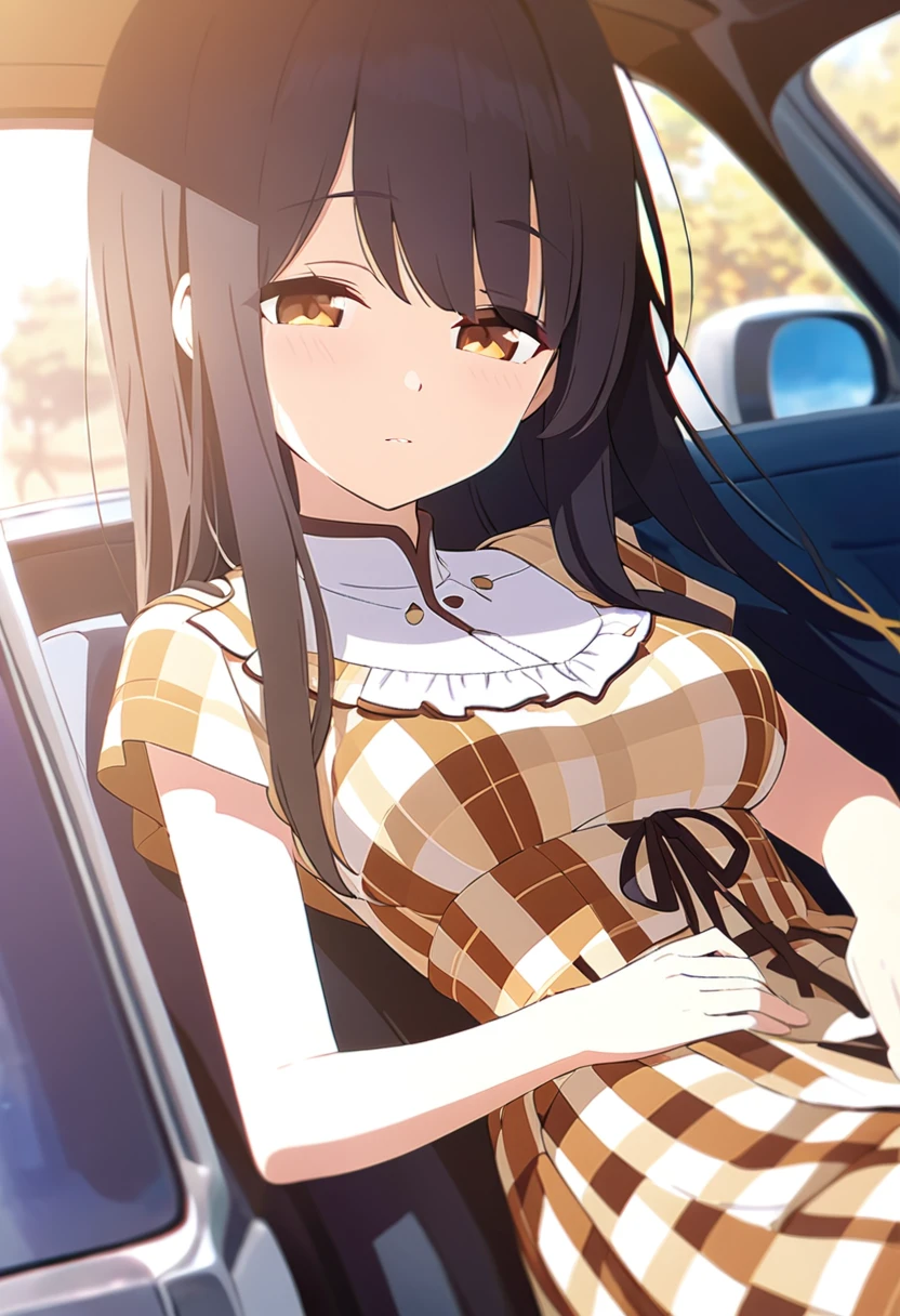 Super beautiful picture quality、High school girl、Slightly droopy eyes、Kind Face、Firm breasts、Cream-colored brown checkered dress、One Girl、One man、Inside the car、Sleeping girl、Ocher eyes、Black Hair、Smooth long straight hair、Top quality backgrounds、Fine weather
