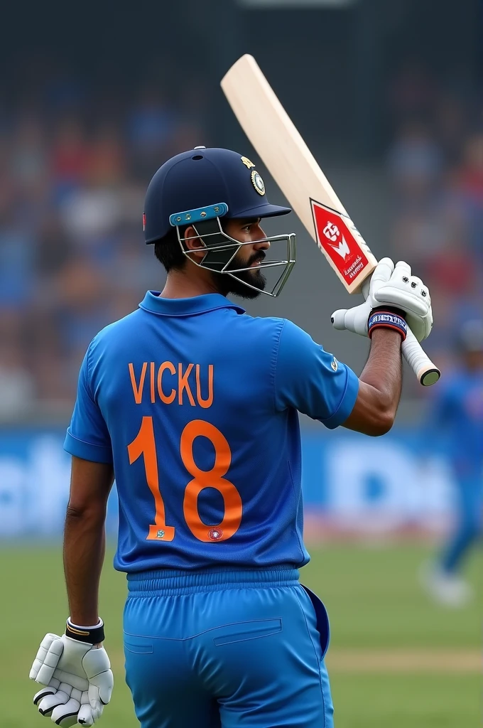 Cricket player Virat Kohli in blue jersey with INDIA written on the back and white sneakers pitching from behind，drop shadow, anaglyph, stereogram, tachi-e, ass pov, atmospheric perspective, 8k, super detail, best quality