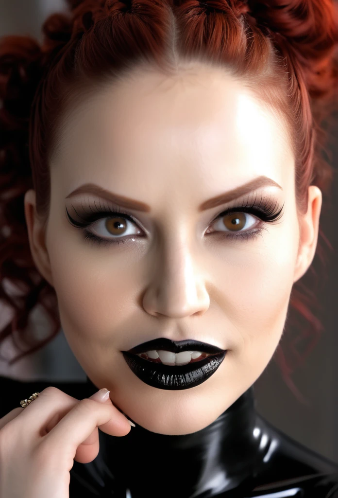 close up portrait photo of bncbchmp ,  very evil smile, dark eye shadow, extra dark makeup, black lipstick, very pale skin,  scared, action pose, facing viewer, accurate lighting, wearing black latex outfit, (masterpiece, top quality, best quality, official art, beautiful and aesthetic