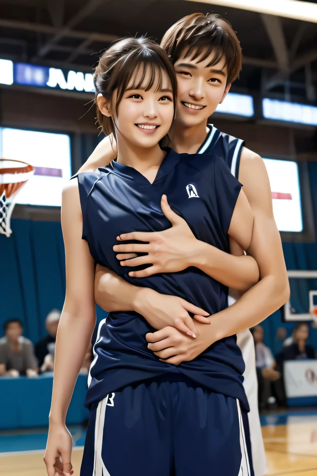 (masterpiece、Best Quality)、The clothes are see-through、Smiling at the viewer、basketball、basketballの服、Wave your hand here、Neat clothes、sweat、A man hugs her from behind、Man grabbing hand、A man touches his chest、Shooting position