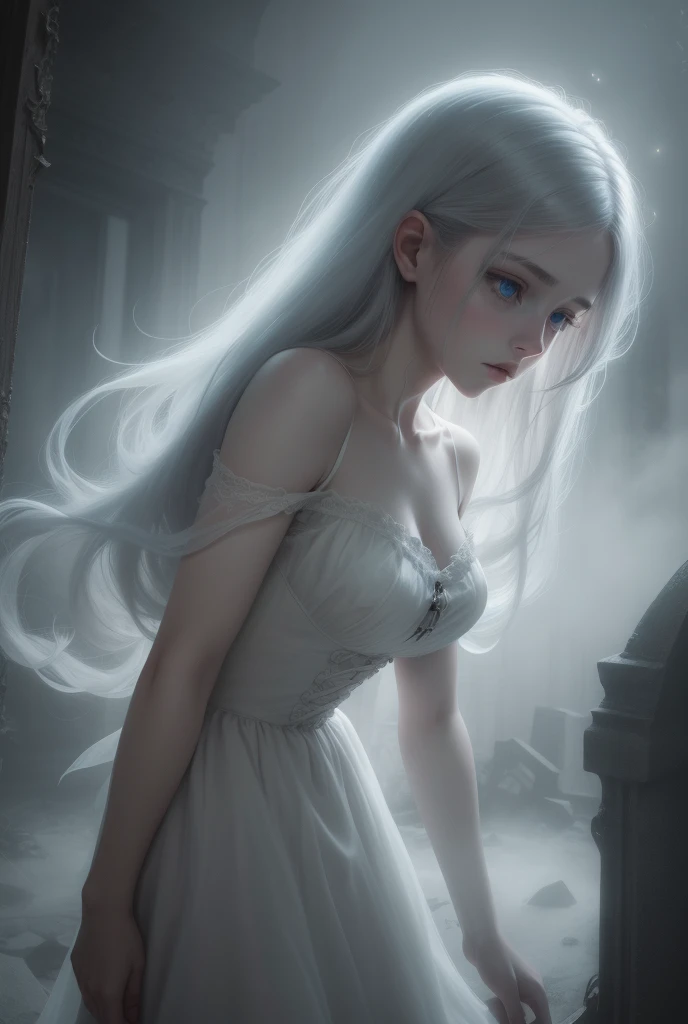 The image is in the style of a Ghibli studio anime., although somewhat gloomy and adult, It features a 20-year-old albino adult woman.. She is standing in front of a black wall, She has long hair and red eyes. Shown with a smile. She has a white dress that reaches her knees.. strong thighs.