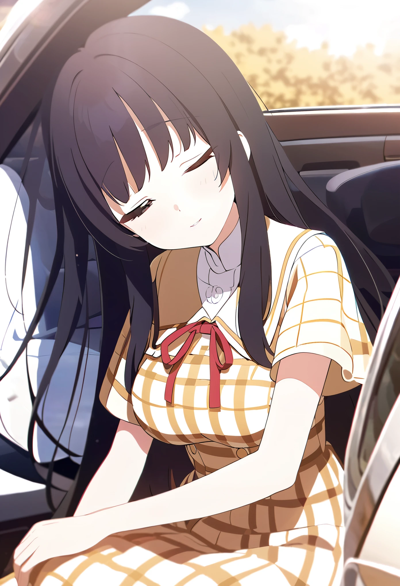Super beautiful picture quality、High school girl、Slightly droopy eyes、Kind Face、Firm breasts、Cream-colored brown checkered dress、One Girl、One man、Inside the car、Girl sleeping with eyes closed、Ocher eyes、Black Hair、Smooth long straight hair、Top quality backgrounds、Fine weather
