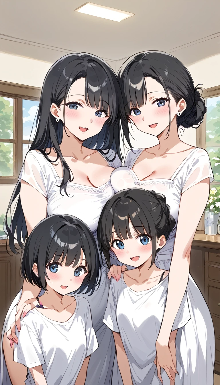 masterpiece, Best Quality, Random hairstyle, Black Hair, Mother and daughter, One mature woman and two young girls
