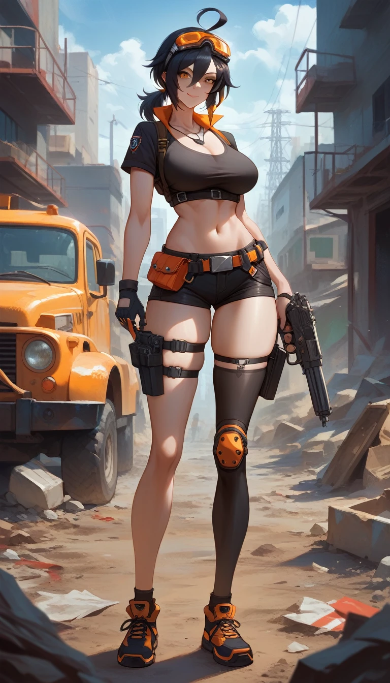 ultra-detailed, 1girl, grace, Zenless Zone Zero, (best quality), ((masterpiece)), (highres), 16K, orange eyes, perfect face, short hair, black hair, low ponytail, ahoge, goggles on head, wearing black crop top, wearing bootyshorts, black thighhighs, thigh straps, knee pads, holster, asymmetrical gloves, belt, sports shoes, busty body, large breasts and a beautiful ass, showcasing cleavage, legs, hips, gun, holding gun, looking at viewer, smile, detailed full body, thigh details, construction site background