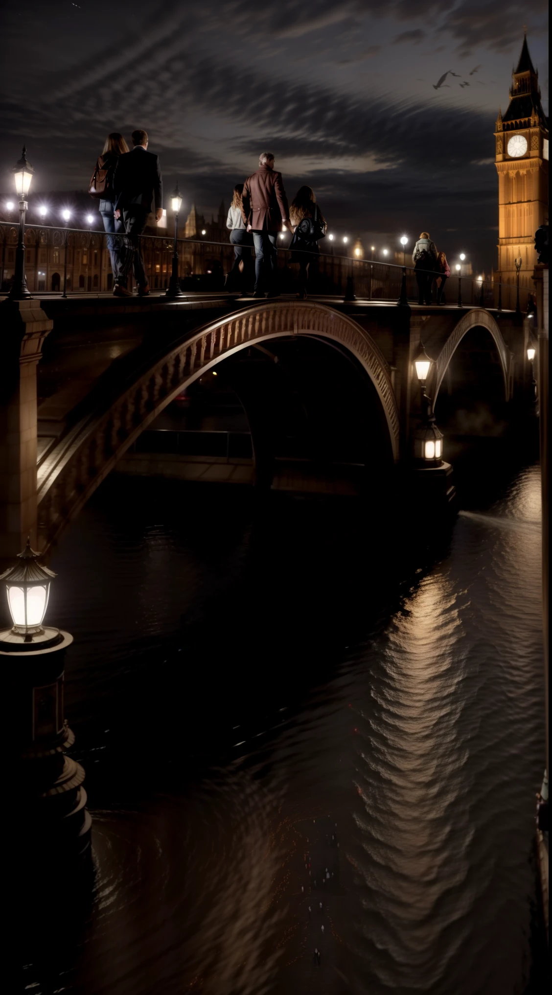 people walking on a bridge in a city at night with a large clock tower in the background, classic scenario, arstation and beeple highly, city street, metropolis, Albert Edward Hughes's draw style
