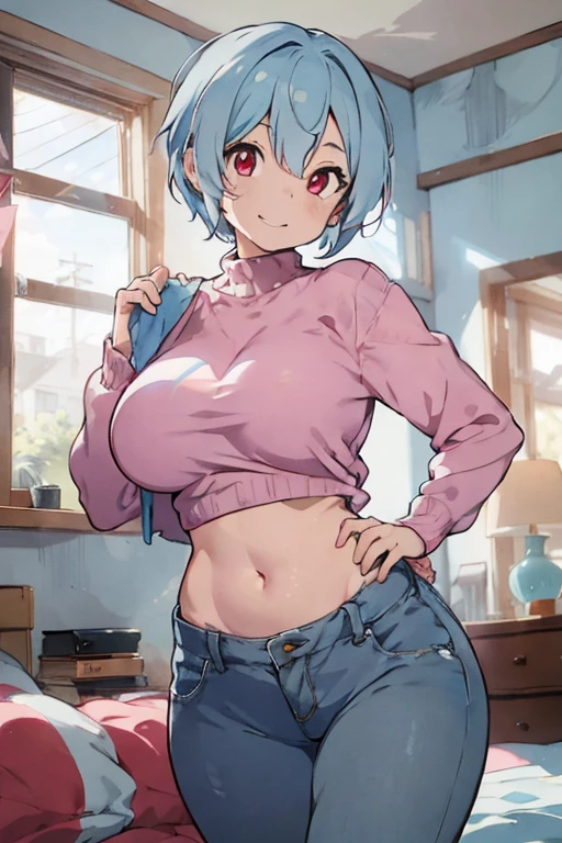 Second Dimension、Adult women、front、stand、bed、Chubby、Pink hoodie、Open your mouth、Green Eyes、smile、Squint your eyes、Float your heart、lure、Long Hair、Light blue hair、Sweat、fat、Large around the waist、Normal chest、clavicle、valley、Thick thighs、Pink hoodie、Short jeans、Knee-high socks、Sigh、Dark Room、Stand lamp