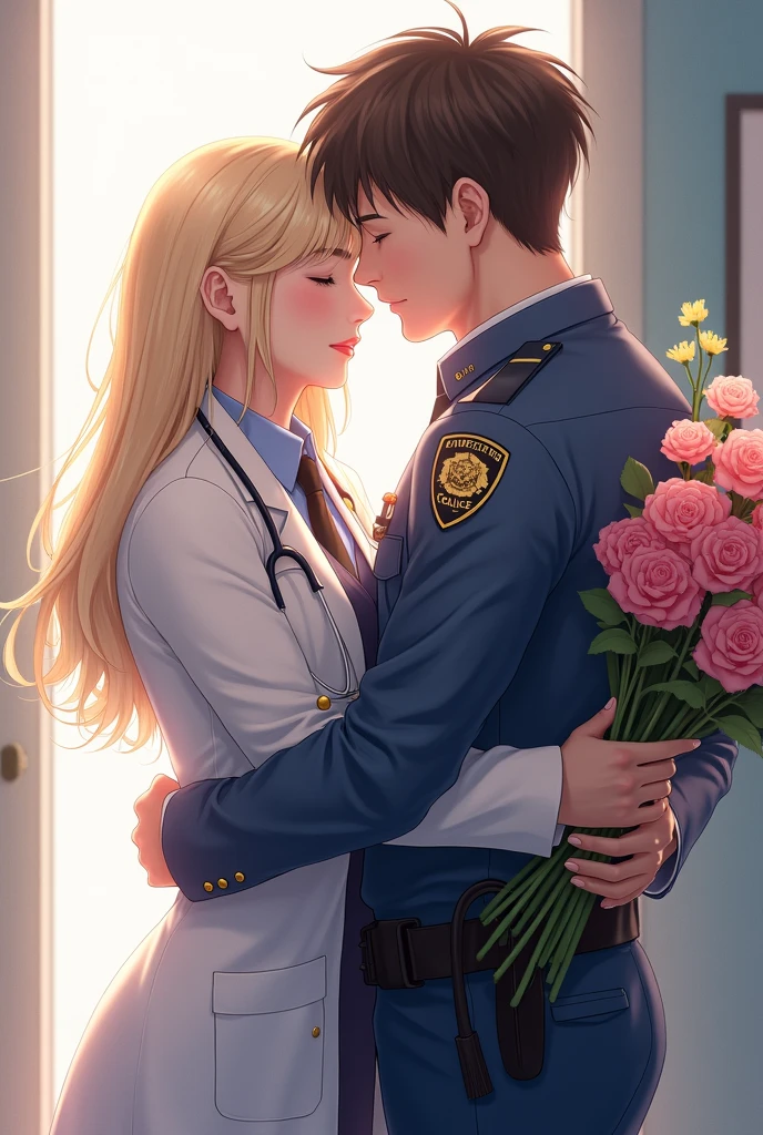 Disabled male soldier in a wheelchair kissing a nurse, anime style.
