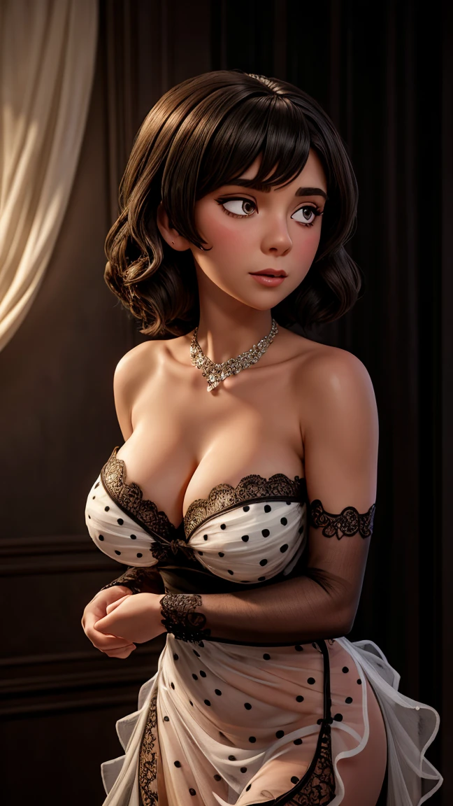 A beautiful, busty woman wearing a strapless, sheer black nightgown with white polka dots, intricate lace details, masterfully draped and flowing, photorealistic, highly detailed, cinematic lighting, dramatic shadows, glamorous fashion illustration