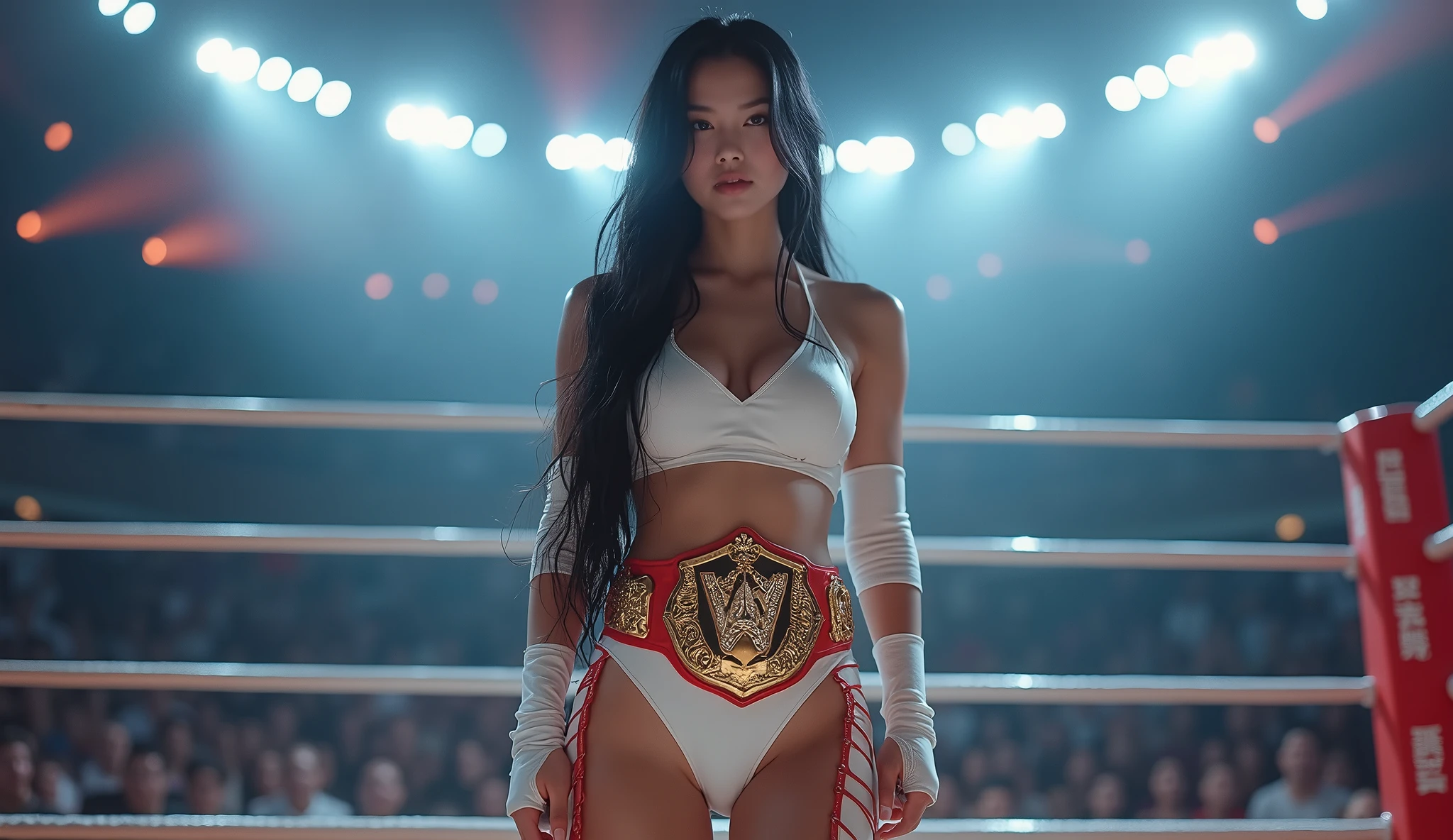 ((Top Quality, 8K, Masterpiece: 1.3)), Sharp: 1.2, Perfect Body Beauty: 1.4, Slim Abs: 1.2, ((Layered Hairstyle, Big: 1.2)), Wet: 1.5, Highly Detailed Face and Skin Texture, Detailed Eyes, Double Eyelids, Brown Hair, Fighting, Bullish, Muscle, Sweat, (Pro Wrestling: 1.3), Full Body Projection, Fighting Pose, Portrait photo of hot woman wearing college wrestling singlet, rope, camel toe.