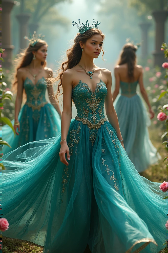 (photorealism:1.2), cozy room, relaxed pose, realistic, intricate details, warm colors, A beautiful Canadian bride in her teal coloured bridal attire is looking herself on the mirror. Her mirror reflection is of a warrior princess in a teal armoured attire ready for a battle of her life. by Greg Rutkowski, by Alphonse Mucha