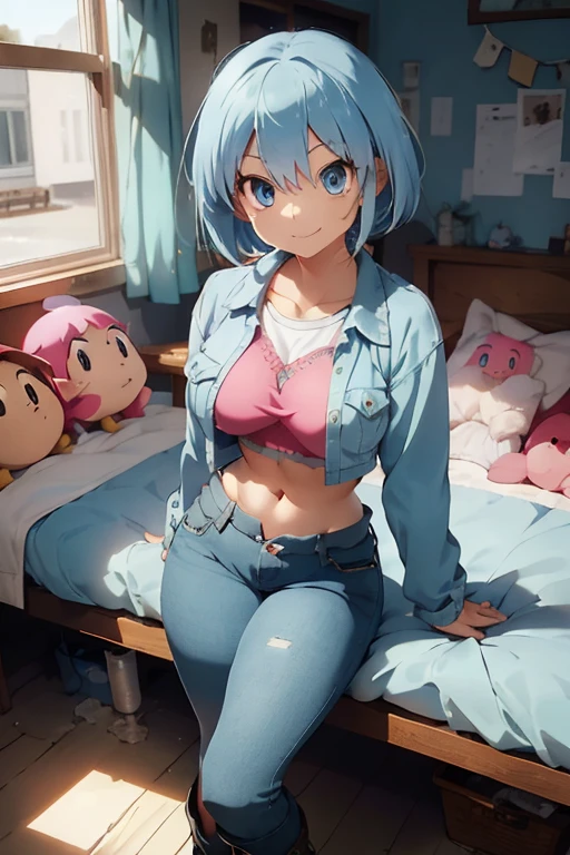 1 female, light blue hair, short hair, huge breast, thick legs, light blue hedgehog hair, red eyes, amy rose hair, pink sweater, blue jean, long jean, belly button long shirt, boots, home, bedroom, happy face