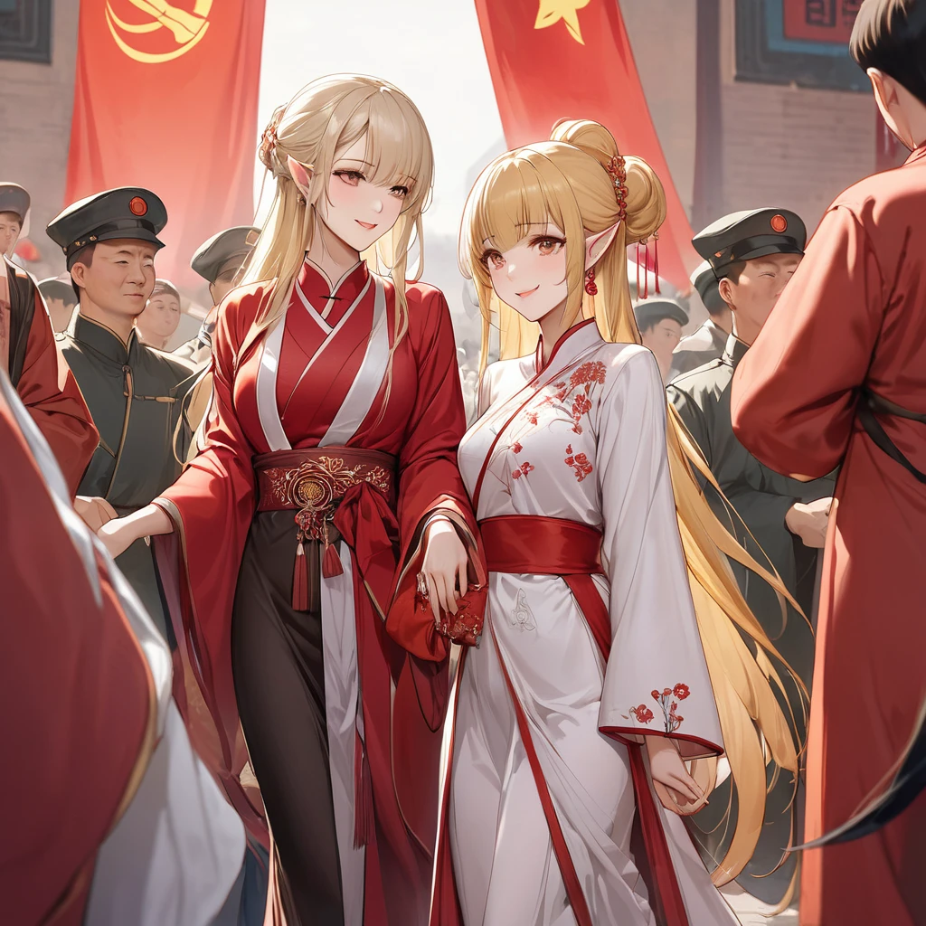 ((Best Quality)), ((masterpiece)), (detailed), （Perfect Face）、The woman is Seras Ashlain, a high elf with medium-long blonde hair, dressed in a gorgeous and dazzling Communist Party of China Hanfu, adorned with luxurious jewelry and an engagement ring.、A woman becomes a member of the Chinese Communist Party, a member of the great Chinese people in body and soul, and a Chinese lady.、The woman became a Chinese high elf and was widely used as propaganda around the world.々The woman smiles sweetly and talks about the greatness of China.