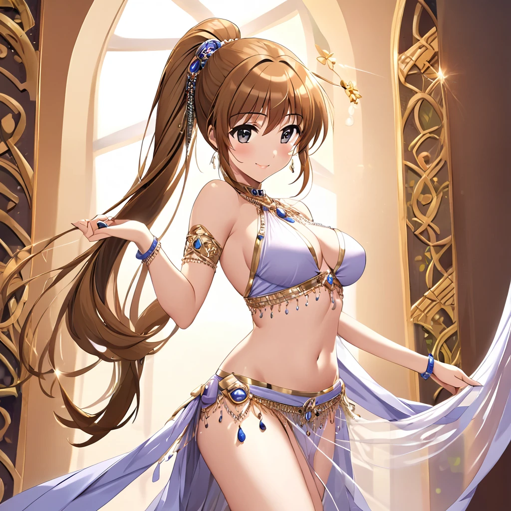 ((Best Quality)), ((masterpiece)), (detailed), （Perfect Face）、The woman is Nanoha Takamachi, wearing a sexy see-through belly dance costume, gorgeous jewelry and an engagement ring, and with her brown medium-long hair in a side ponytail, she is showing off her breasts and her open pussy with a gentle smile.