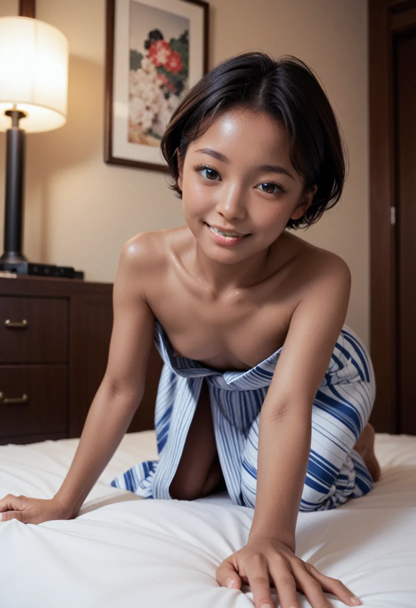 ((Best Quality)), ((masterpiece)), (detailed), ((photograph)),high quality photos, in beautiful japanese room ,in the night, Turn off the lights and make it dim,in the darkness ,one boy and one girl  ,one girl ,very short hair ,wearing a yukata , all fours crawling ,cleavage,Small breasts、Flat Chest,a glance of nipple ,boy is lying on,((skin color;-1)),girl is touching boy’s summit gently , ,joyful ,knolling photos