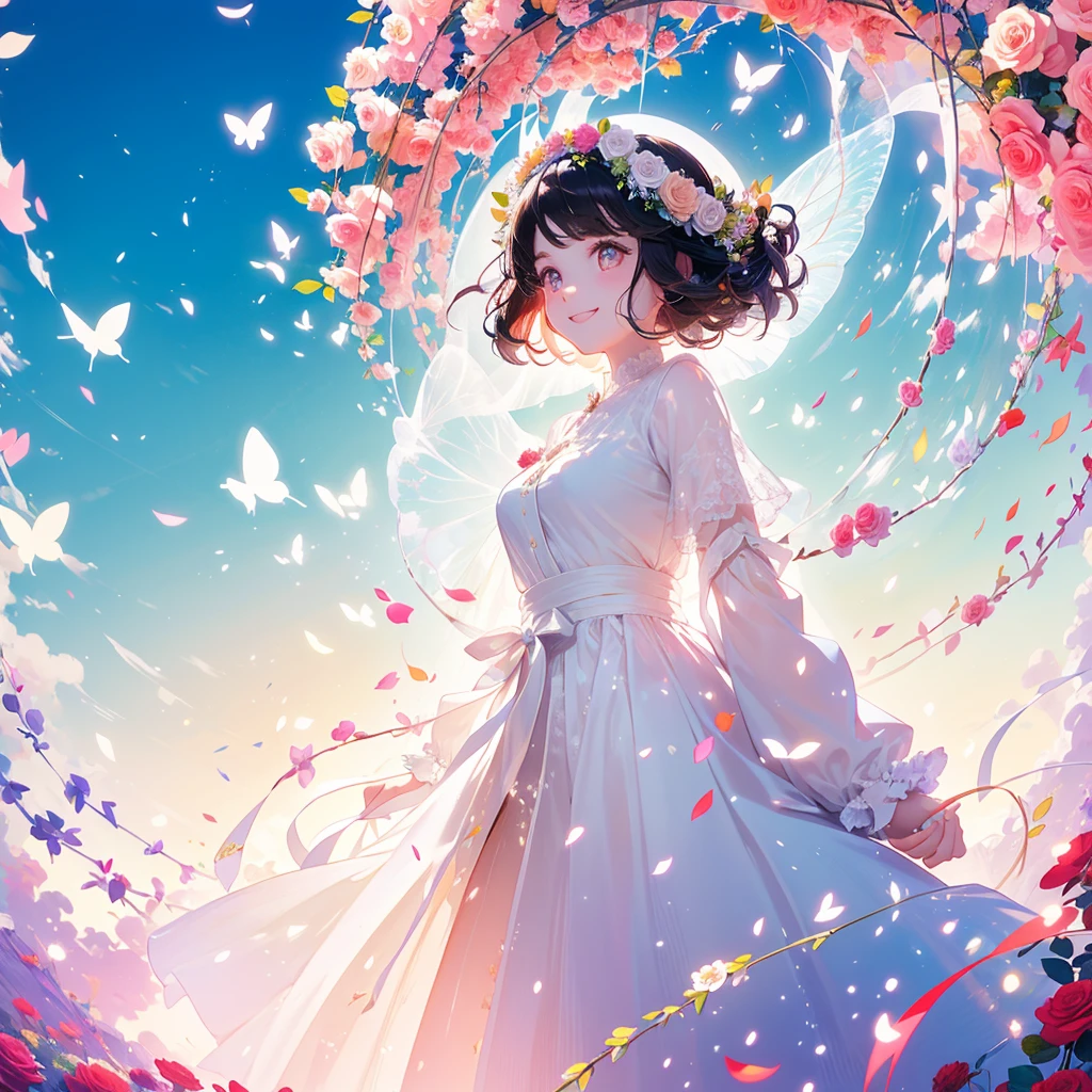 A vibrant flower blooms on the dirty ground of a large gray avenue. A crowd of gray, soulless people crosses the streets. A colorful , glowing with bright hues, stands protectively over the flower, protecting it with her little hands and determined eyes. Sunlight breaks through the dark clouds. Studio Ghibli style