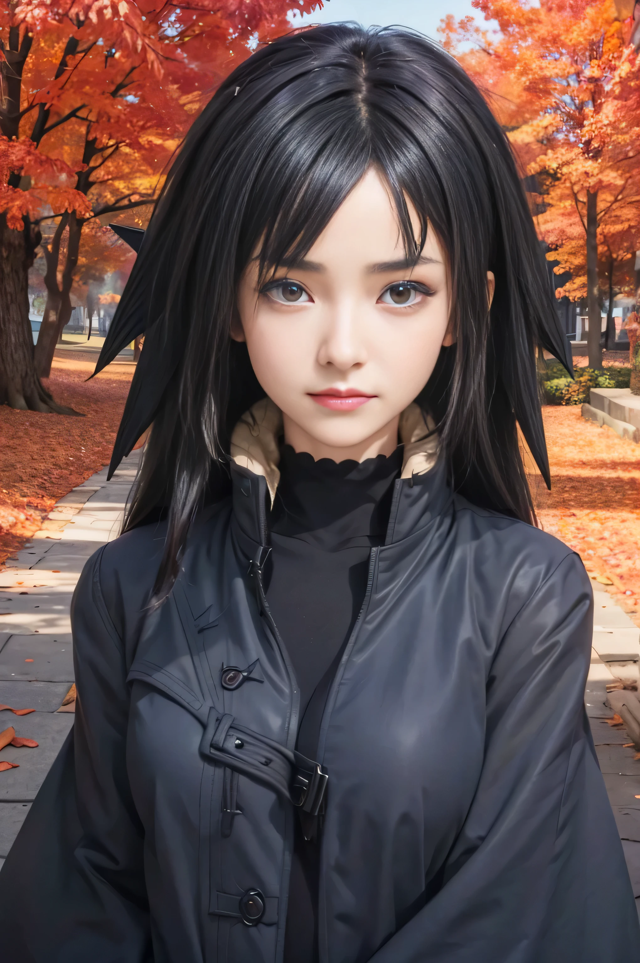 masterpiece, best quality, (realistic,photo-realistic:1.4), (RAW photo:1.2), extremely detailed CG unity 8k wallpaper, delicate and beautiful, amazing,finely detail, official art, absurdres, incredibly absurdres, huge filesize, ultra-detailed,extremely detailed eyes and face,light on face,nanashi,(little smile),(sharingan:1.5),(black hair:1.4),long hair,(wearing coat:1.5),(nature background:1.4)