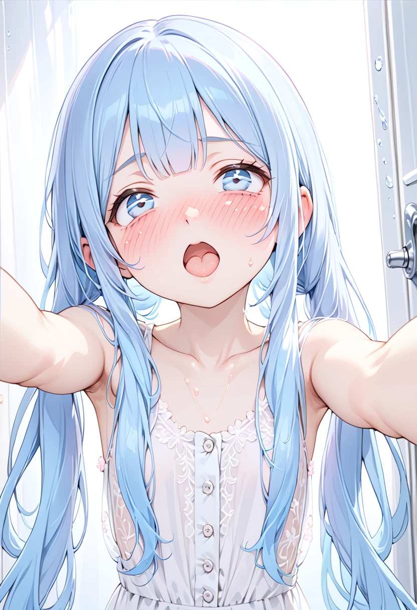 masterpiece, best quality, extremely detailed, (illustration, official art:1.1), 1 girl ,(((( light blue long hair)))), ,(((( light blue long hair)))),light blue hair, , long hair ((blush)) , cute face, big eyes, masterpiece, best quality,(((((a very delicate and beautiful girl))))),Amazing,beautiful detailed eyes,blunt bangs((((little delicate girl)))),tareme(true beautiful:1.2), sense of depth,dynamic angle,,,, affectionate smile, (true beautiful:1.2),,(tiny 1girl model:1.2),)(flat chest) ,masterpiece, High quality, ultra detailed, best quality, insanely detailed, beautiful, best aesthetic, 8k, (ultra-detailed face), nsfw:1.6, NTR:1.2, iPhone screen shot:1.3, from front, portrait:1.3, (( 1girl:1.5)), (hetero), (cum on tongue: 1.2, cum in mouth: 1.3, open mouth), (2), peace sign left hand: 1.1, (open clothes:1.5, pink lace bra lift:1.3), seen puffy nipples, Break, (traditional school uniform, ((Button front white long dress)): 1.7), blue bow tie, Break, , noble face, (long twin tail:1.5),beautiful hip:1.3, (nose blush), (half closed eyes), open mouth, ((watery eyes)), (ecstasy:1.3), orgasm:1.3, indoor, male lavatory:1.2,