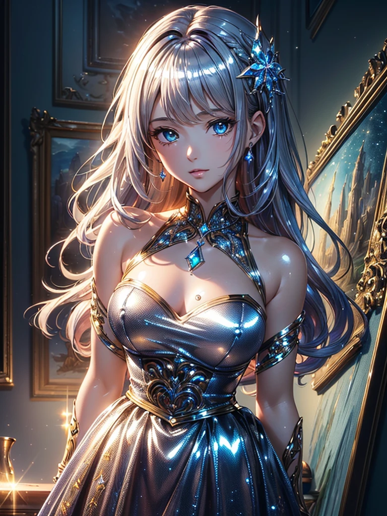 ((Highest quality)),(Ultra-high resolution),(Very detailed),(Detailed Description),((The best CG)),(A masterpiece),Ultra-detailed art,Amazing painting art,(Art with precise detail:1.5), (Shiny Hair:1.7),gem:1.3, sparkle:1.3, darkness:1.6, Light:1.7