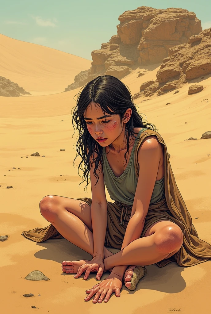 alone in the universe, in watercolor style, Photorealism, discreet golden and ruby and mint shades, (nude) a gentle, modest, thin girl  with a very beautiful, sophisticated face of the southern type with a short dark hairstyle with beautiful breasts with tender nipples (barefoot) in a long old beige skirt walking in the distance (Across the desert) with a metal flask of wine, stunted little plants, drought, precious jewelry on the neck and chest and on the wrists, precious bracelets, ankle bracelets