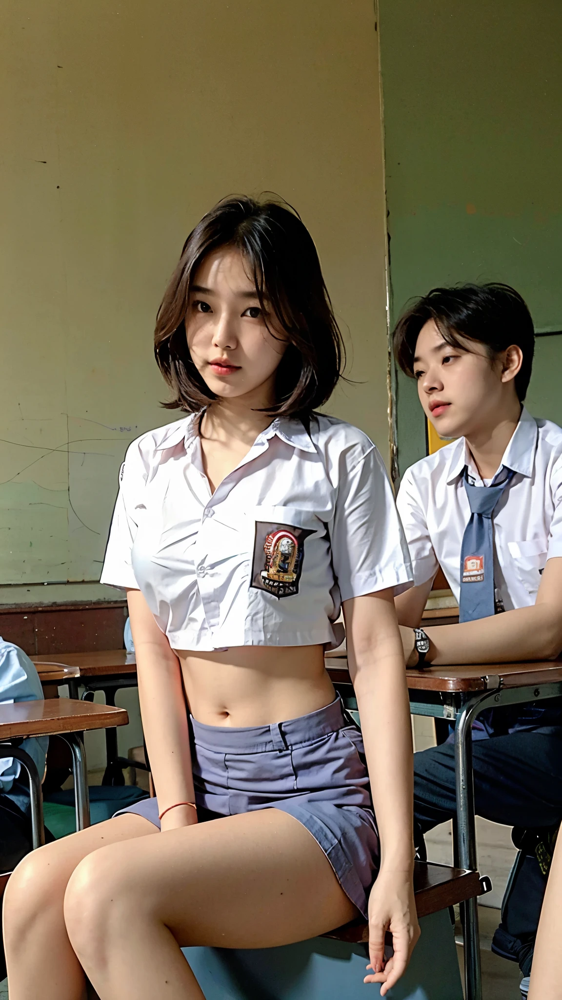 "Design an 8k image of a classroom scene featuring a focused medium breasts girl wearing croptop cleavage shorthair sitting at a desk, studying with her books and notes spread out in front of her. She is positioned in the middle of the classroom, while two men older, stand behind her, observing her progress. The men could represent a teacher and an assistant or supervisors, both dressed professionally. The classroom is bright and well-organized, with a whiteboard at the front, educational posters on the walls, and large windows allowing natural light to stream in. The atmosphere should feel attentive and academic, highlighting the girl’s dedication to her studies and the men’s supportive presence."