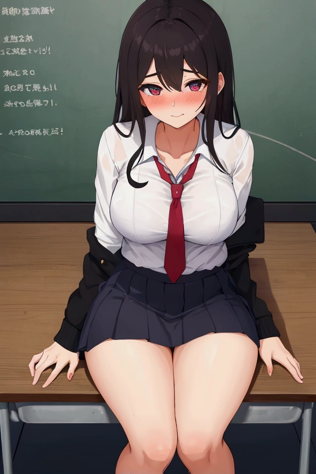 (8k、Best image quality、highest quality、masterpiece)、Detailed face、One girl、red Eyes、embarrassed,shy、((Grin))、huge breasts、((see through white shirt))、((see through))、((nipples)),((nipples visible)),((black mini skirt))、((open pussy))、sit、spread legs、white buggysocks,Shoot from below、sitting on desk,in school classroom,classroom background,Nipples,Oppai,fingering pussy,vaginal finger,hand to pussy,touch oun vagina,Exposure,pussy juice,wet pussy,cum on face,milk made braids,black hair,glasses,loli,