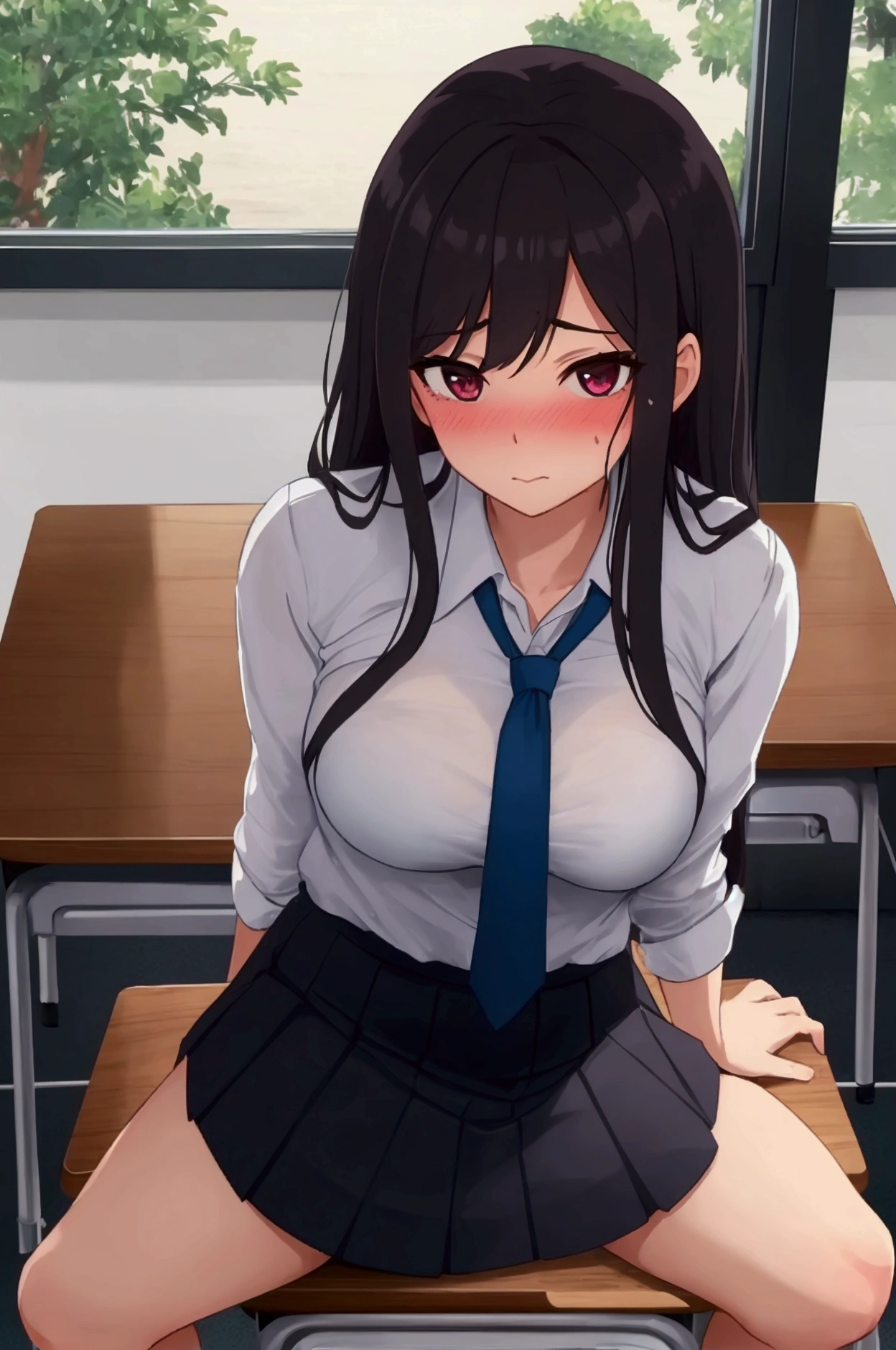 nsfw, (POV oral sex with cum:1.3), (deep throat:1.3), (intense perfect fellatio:1.2), :>=, (1boy, full by:1.2), a pure innocent girl, very cute face, like a idol, blush, (school uniform:1.1), look up at viewer with lovingly gaze, arms behind the back, in front of 1penis with between viewer's legs, (mouth on the viewer's crotch completely:1.3), (perfect keeling under the desk completely, body is perfect into the desk, face come out from under the desk:1.3), (face focus:1.2), (viewer is sitting, bare viewer:1.2), (under the desk with depth:1.3), in own room, viewer's legs in the picture, from above,